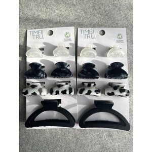 Time And Tru Hair Claw Clip Lot of 2 Sets, 14 Total Black Clear White Lg Small